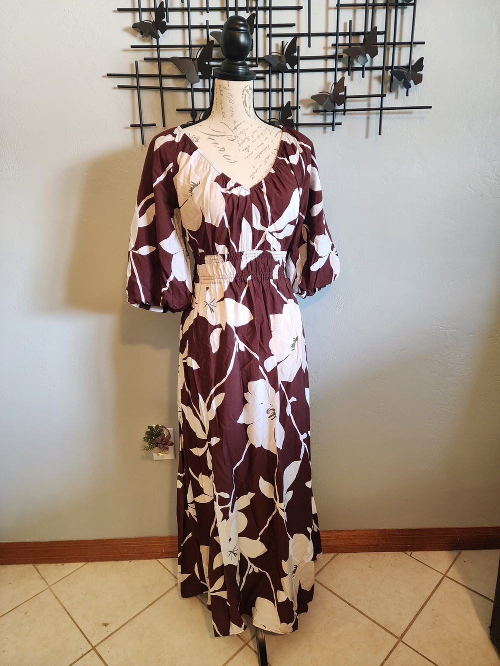 LOFT Tropical Floral Brown and Cream Maxi Dress